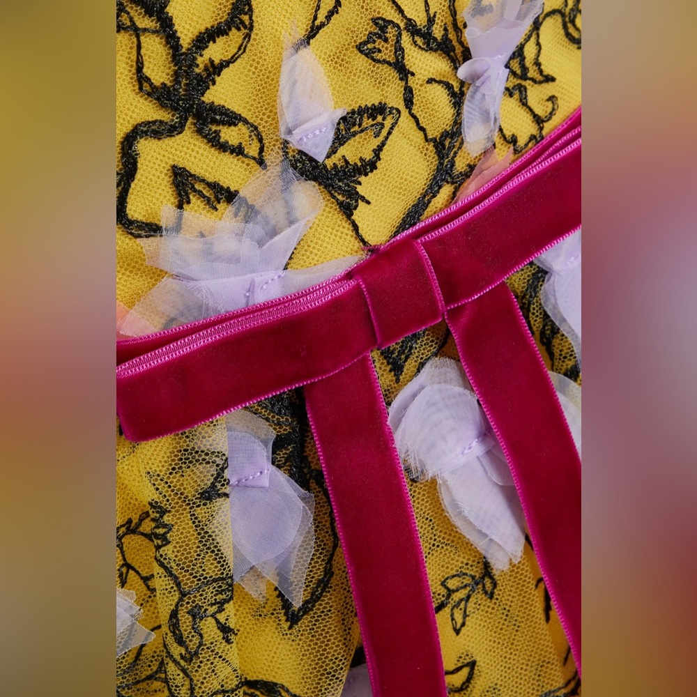 Marchesa Yellow Floral V-Neck Tiered Maxi with Pink Belt - Picture 4 of 11